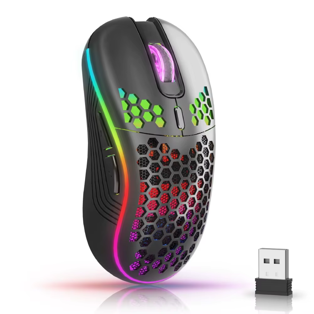 2.4G Wireless Mouse with RGB Backlit 6-Button 3-Speed DPI Type C Rechargeable Ergonomic Honeycomb Design Gaming Mouse