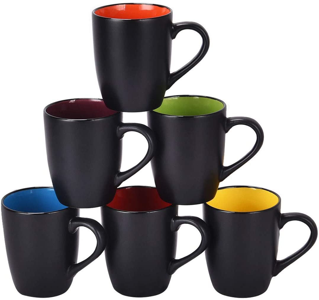 Set of 6 Modern Black Ceramic Coffee Mugs, 16 Ounce Capacity, Perfect for Home Use
