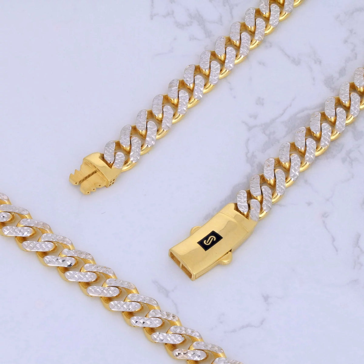 10K Real Yellow Gold Royal Monaco 7.5Mm Miami Cuban Diamond Cut Pave Link Necklace (18"-30") Two Tone Italian Jewelry for Men