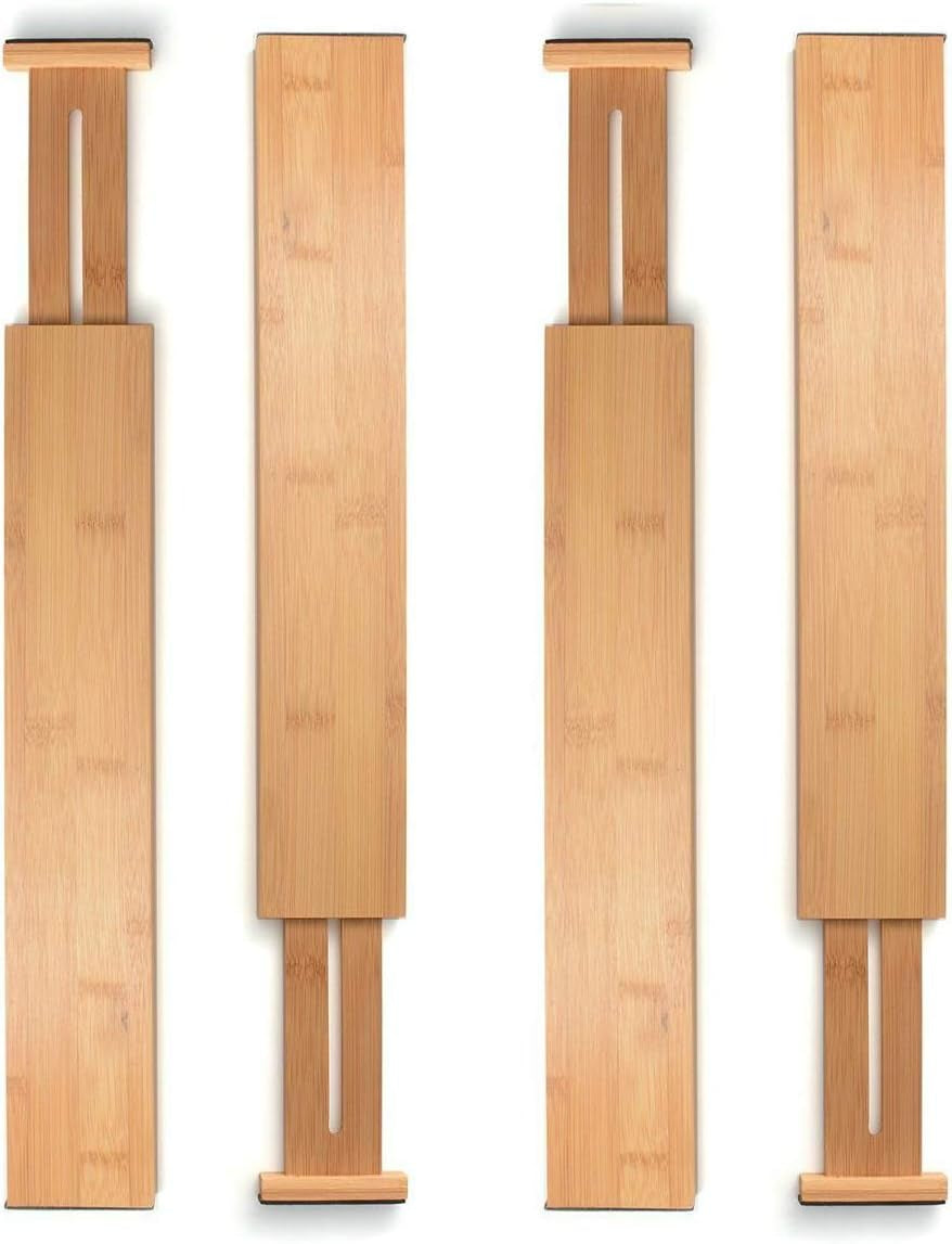 4-Pack Drawer Divider - 2.6" High, 16" to 22" Adjustable Bamboo Drawer Organizers for Clothes, Expandable Dresser Separators in Bedroom/Bathroom/Kitchen/Office Organization and Storage