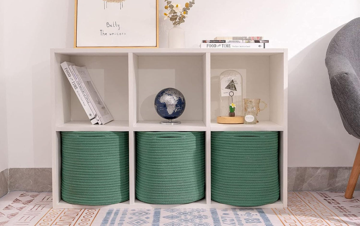 Storage Cubes Baskets Bins Organizer 11X11X11'' Fit 12X12''Cube Storage Organizer Bookcases Shelf,Durable Woven Cotton Storage Basket for Organizing,Round 3Pack Green