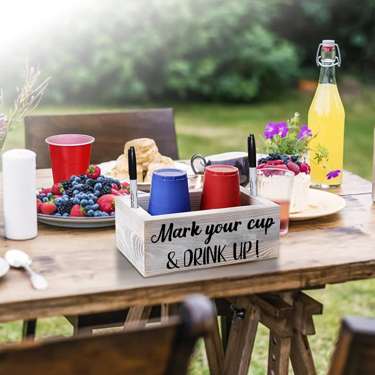 Wooden Cup Holder with Marker Slot, Mark Your Cup & Drink up Party Decor | Disposable Cup Organizer for Holiday Gatherings, Hosting Essential to Prevent Mix-Ups, Reduce Waste, 9.45X5.75X5.75 In