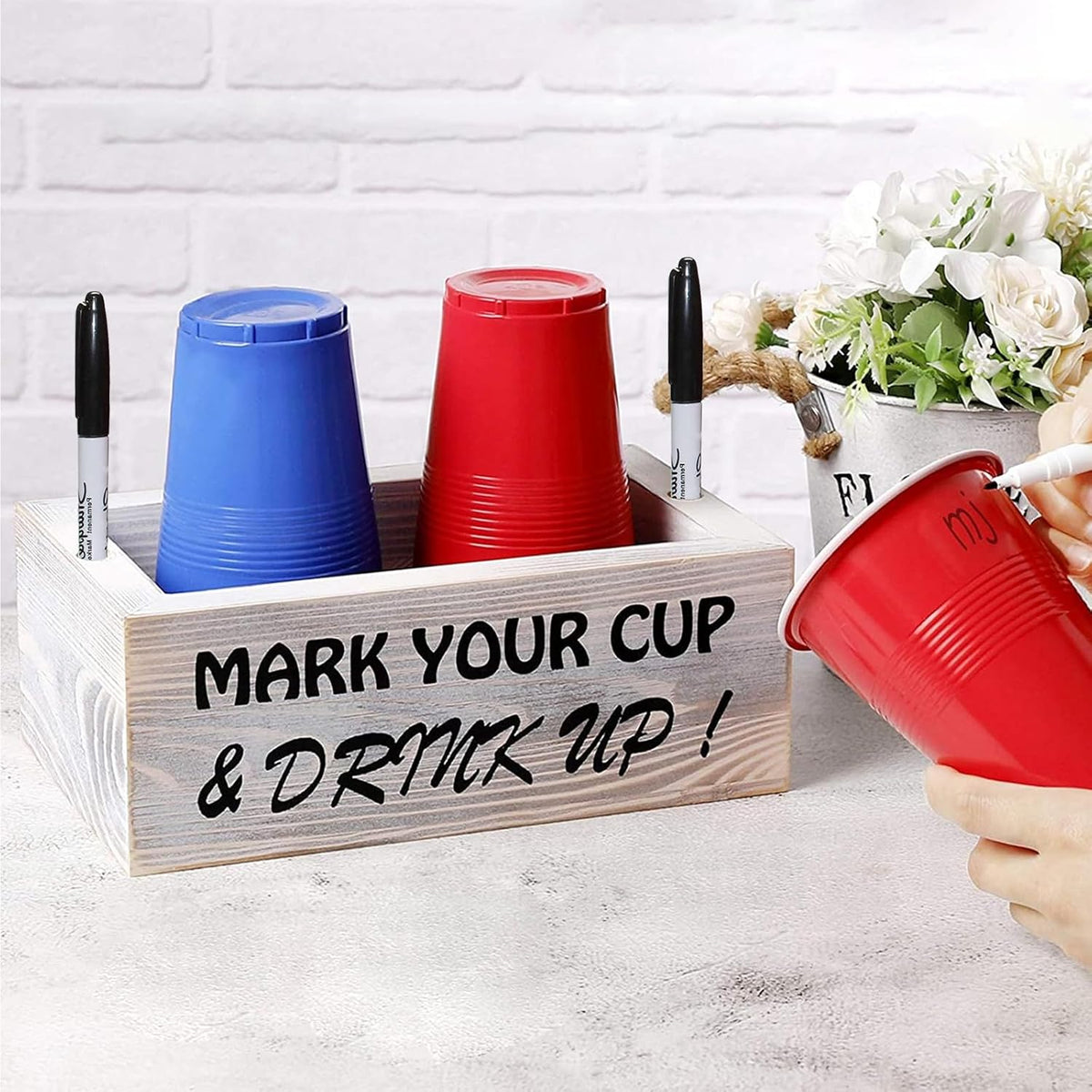 Wooden Cup Holder with Marker Slot, Mark Your Cup & Drink up Party Decor | Disposable Cup Organizer for Holiday Gatherings, Hosting Essential to Prevent Mix-Ups, Reduce Waste, 9.45X5.75X5.75 In