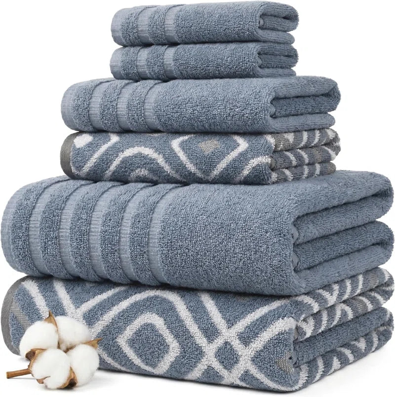 Oxford 6-Piece Yarn Dyed Jacquard & Solid Towel Set – 100% Cotton, Quick Dry & Absorbent Bath, Hand & Washcloths