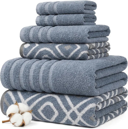 Oxford 6-Piece Yarn Dyed Jacquard & Solid Towel Set – 100% Cotton, Quick Dry & Absorbent Bath, Hand & Washcloths
