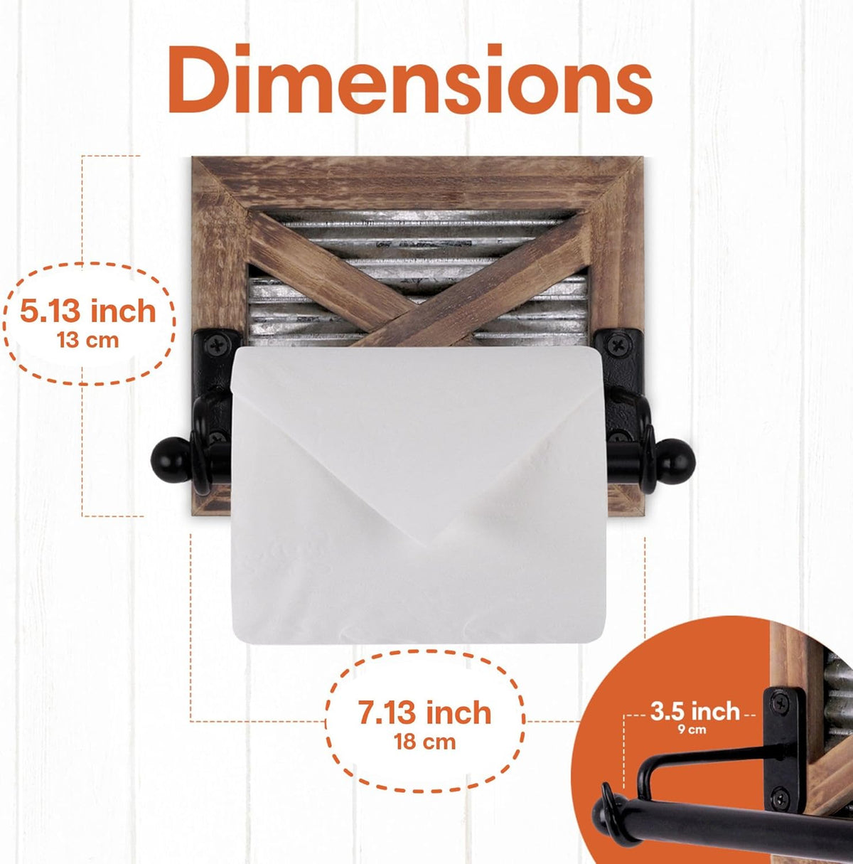 Rustic Farmhouse Toilet Paper Holder Wall - Farmhouse Bathroom Country Decor Accessories with Warm Brown Wood, Galvanized Metal & Black Adds Western Decor Charm