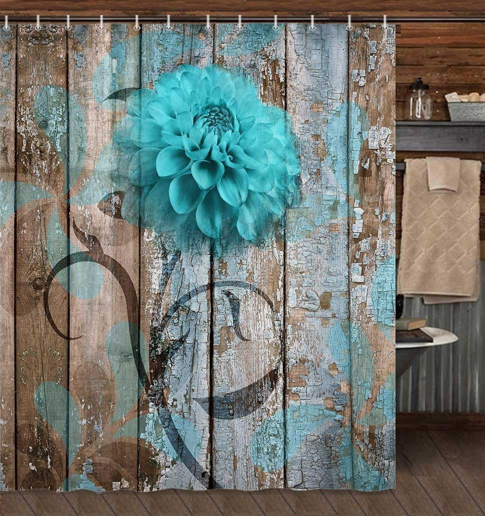 Farmhouse Flower Floral Shower Curtain, Rustic Teal Turquoise Dahlia Shower Curtain Set, Country Blue Wild Garden Plant Fabric Shower Curtain with Hooks, Surreal Bathroom Curtain, 69X70Inch