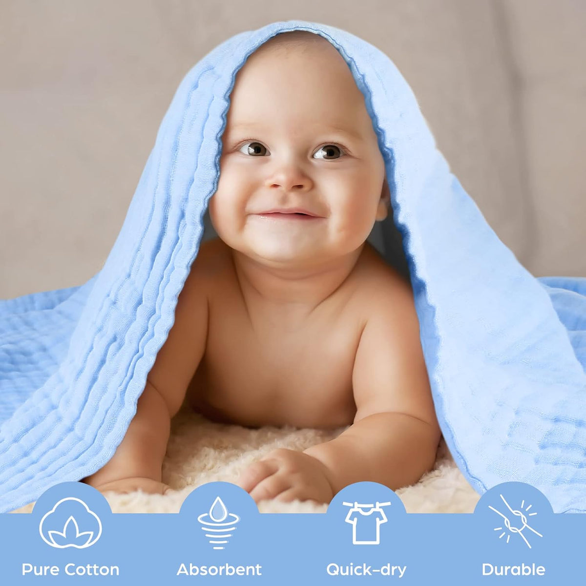 Baby Bath Towels, Super Soft Cotton Receiving Blanket for Baby'S Delicate Skin,2Pack Swaddle Blanket for Newborns Toddlers Boy Girl,Baby Registry as Shower (White+Blue)