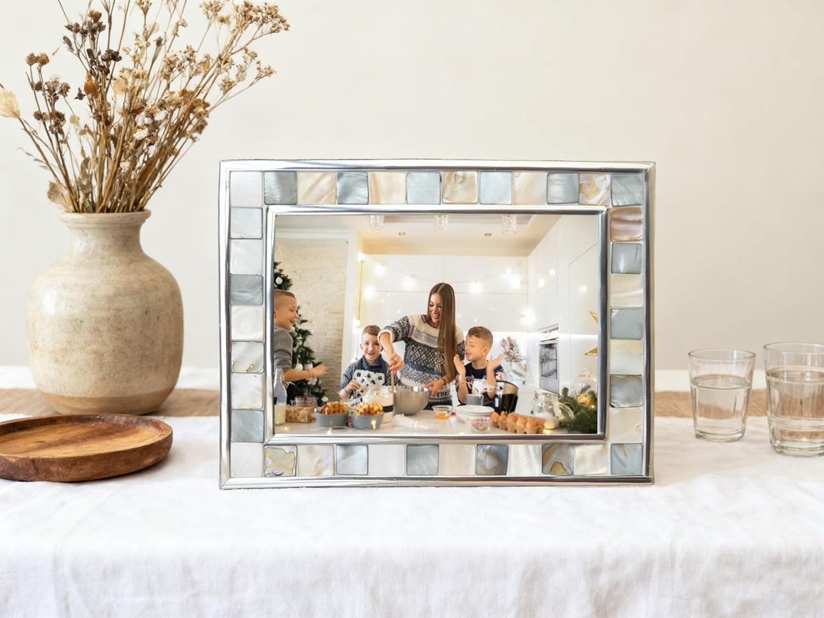 Mother of Pearl Picture Frame 6X8, Grey + White, 1Pc | Silver Plate Wall or Tabletop Frame, Wedding Photo Frame, Mosaic Glass Beach Frame, Holiday Gift