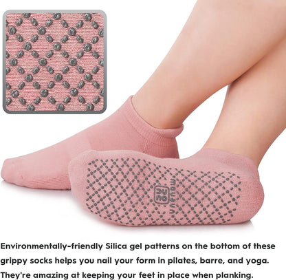 Unisex Non Slip Grip Socks for Yoga Pilates Barre Home & Hospital | Breathable Cotton, 4 Pairs, anti Skid, Cushion Sole, Ankle High Socks for Gift, Ballet, Pregnant and Elderly