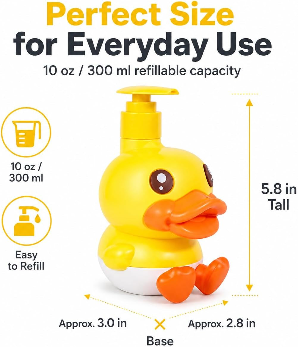 Plastic Cute Duck Soap Dispenser for Kid or Children with Pump | Fun Dispenser for Bathroom Fit Lotion Shampoo Shower Hand Sanitizer, Animal Yellow Duck Themed Soap Bottle Bath Accessories