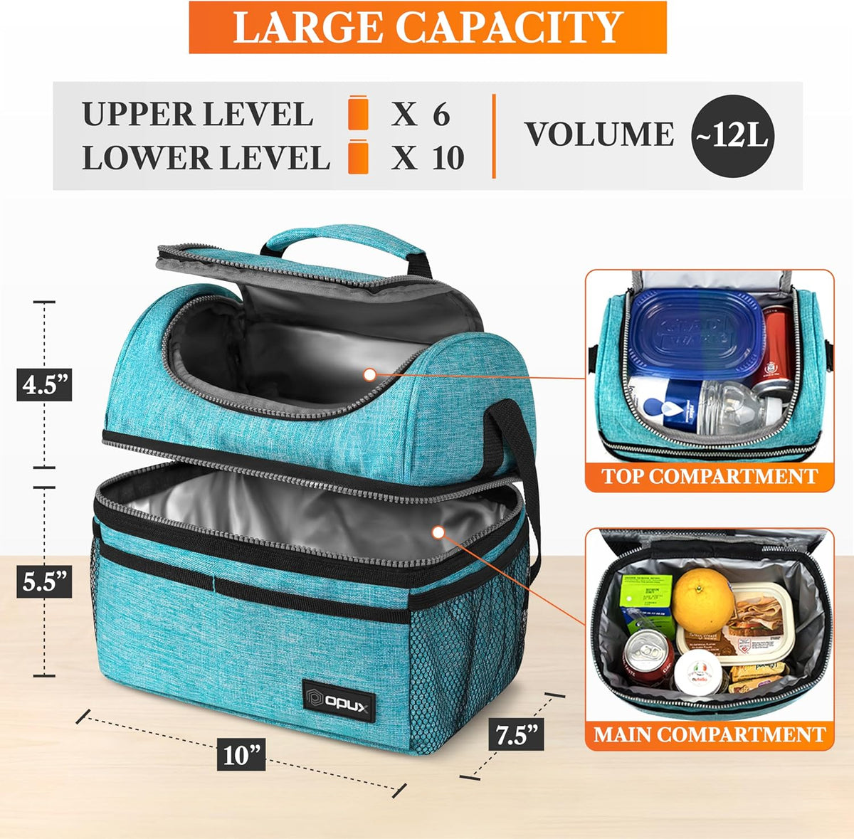Insulated Lunch Bag for Men Women, Double Decker Leakproof, Teal Blue | Lunch Box Cooler Tote with Shoulder Strap, Large Lunchbox for Work School Travel Meal Prep, Adults Kids Boys Girls, 16 Cans