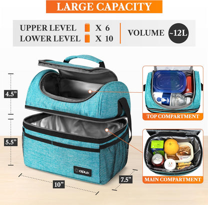 Insulated Lunch Bag for Men Women, Double Decker Leakproof, Teal Blue | Lunch Box Cooler Tote with Shoulder Strap, Large Lunchbox for Work School Travel Meal Prep, Adults Kids Boys Girls, 16 Cans