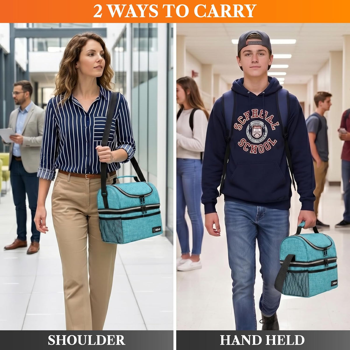 Insulated Lunch Bag for Men Women, Double Decker Leakproof, Teal Blue | Lunch Box Cooler Tote with Shoulder Strap, Large Lunchbox for Work School Travel Meal Prep, Adults Kids Boys Girls, 16 Cans