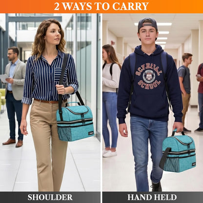 Insulated Lunch Bag for Men Women, Double Decker Leakproof, Teal Blue | Lunch Box Cooler Tote with Shoulder Strap, Large Lunchbox for Work School Travel Meal Prep, Adults Kids Boys Girls, 16 Cans