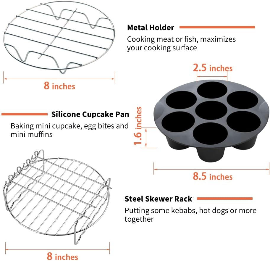 Air Fryer Accessories 11PCS, Fit All 3.7QT-4.0-5.8QT Power Deep Hot Air Fryer with Cake Barrel, Pizza Pan