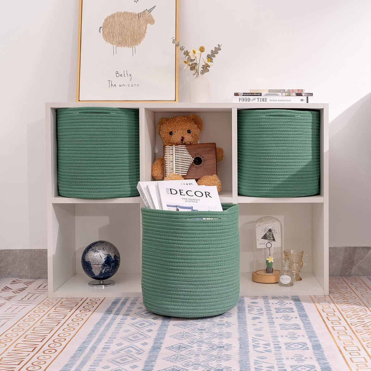 Storage Cubes Baskets Bins Organizer 11X11X11'' Fit 12X12''Cube Storage Organizer Bookcases Shelf,Durable Woven Cotton Storage Basket for Organizing,Round 3Pack Green