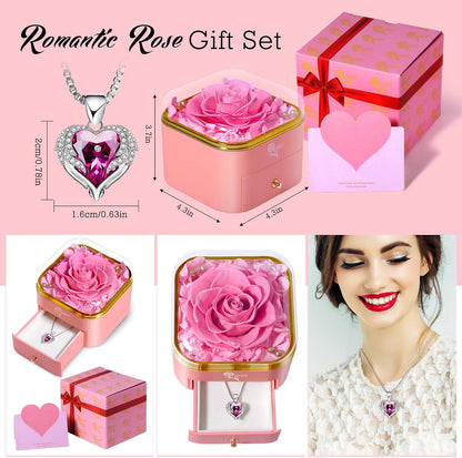 Pink Preserved Rose with Necklace, Heart Shaped Jewelry Box Set for Women | Surprise Her with a Beautiful Red Rose and Heart Charm Pendant, Comes with Pink Card and Gift Wrapping, for Anniversaries
