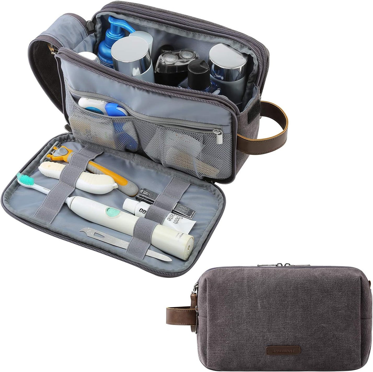 Toiletry Bag for Men, Canvas Travel Toiletry Organizer Dopp Kit Water-Resistant Shaving Bag for Toiletries Accessories,Grey-Medium