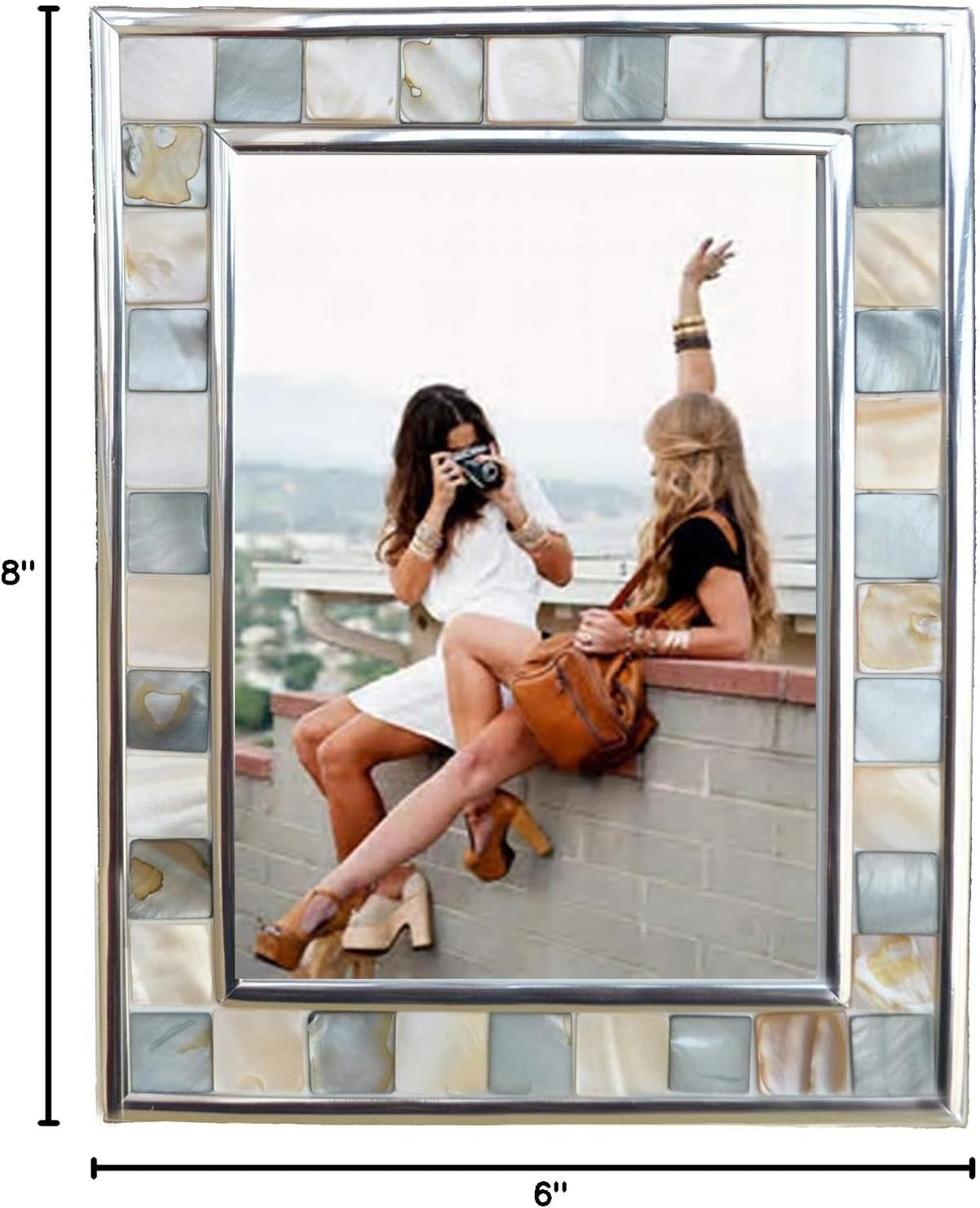 Mother of Pearl Picture Frame 6X8, Grey + White, 1Pc | Silver Plate Wall or Tabletop Frame, Wedding Photo Frame, Mosaic Glass Beach Frame, Holiday Gift