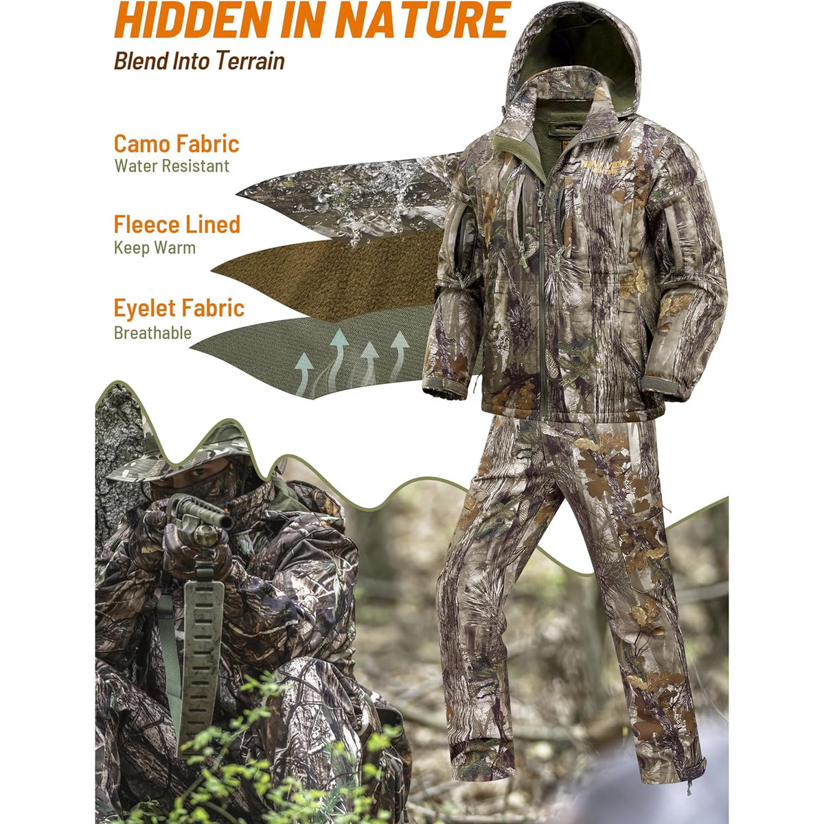 Insulated Hunting Clothes for Men Cold Weather, Warm Camo Hunting Jacket and Pants, Hunting Suit for Deer Duck Hunts