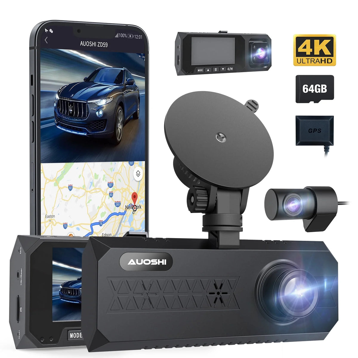3 Channel Dash Cam Front and Rear, 4K/2.5K + 1080P Premium Car Camera for Cars with Wi-Fi GPS, Night Vision, 3.16" IPS Touchscreen, 24H Parking Mode, WDR, Type-C, 64GB SD Card Included