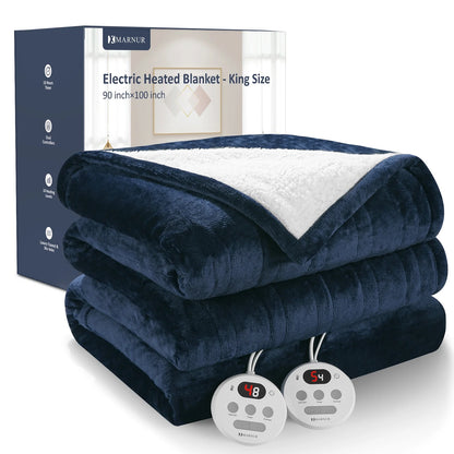 Electric Heated Blanket King Size 90''X100'', Fast Heating with Dual Controllers, 10 Heating Levels, 10H Timers, Preheat Function - Dark Blue