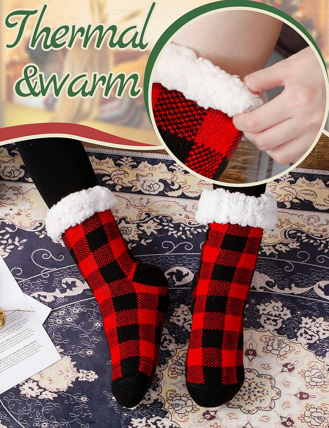 Womens Girls Slipper Socks, Fuzzy Cabin Winter Thick Grips Socks | Non Slip, Cozy Soft Warm Comfy Fluffy Fleece Socks for Christmas, Gift Stocking Stuffer
