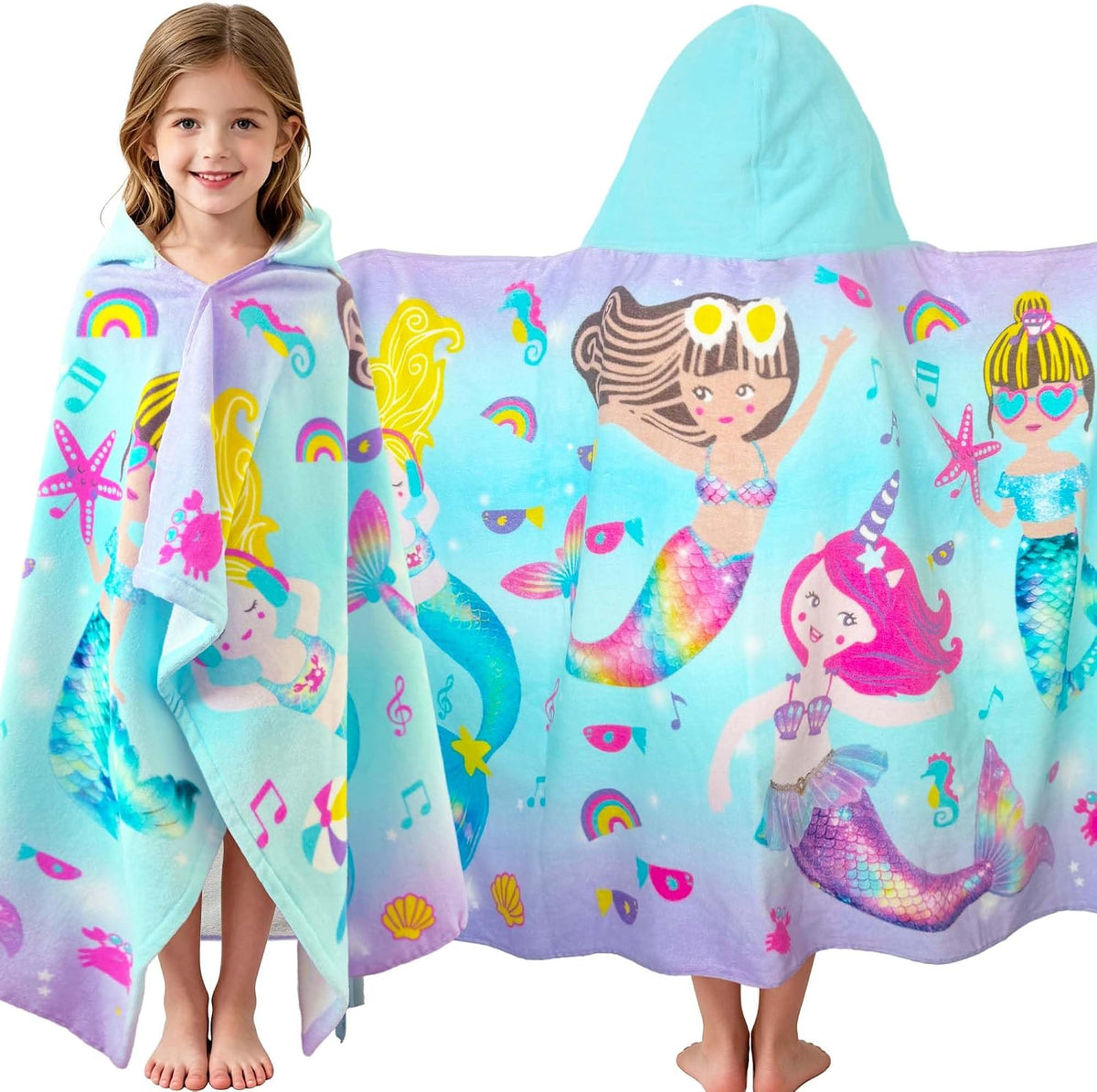 Mermaid Kids Hooded Towels Age 3-8,100% Cotton,Absorbs Fast | 50"X30",Pool, Beach & Bath,Gift Idea,Comfort&Thick,Machine Washable and Durable,Wearable,Safe Materials,Indoor & Outdoor