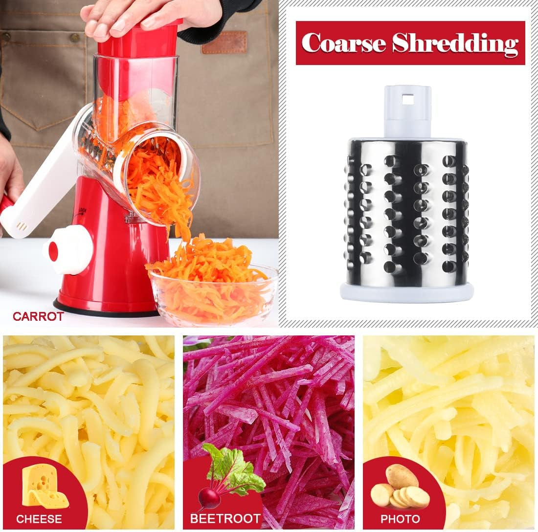 Rotary Cheese Grater Hand Crank, Kitchen Shredder Speed Mandolin Slicer Nut Grinder with Handle and Drum Blades for Cheese, Vegetable, Walnut, Chocolate, Potato, Carrot, 3 Blades, Red