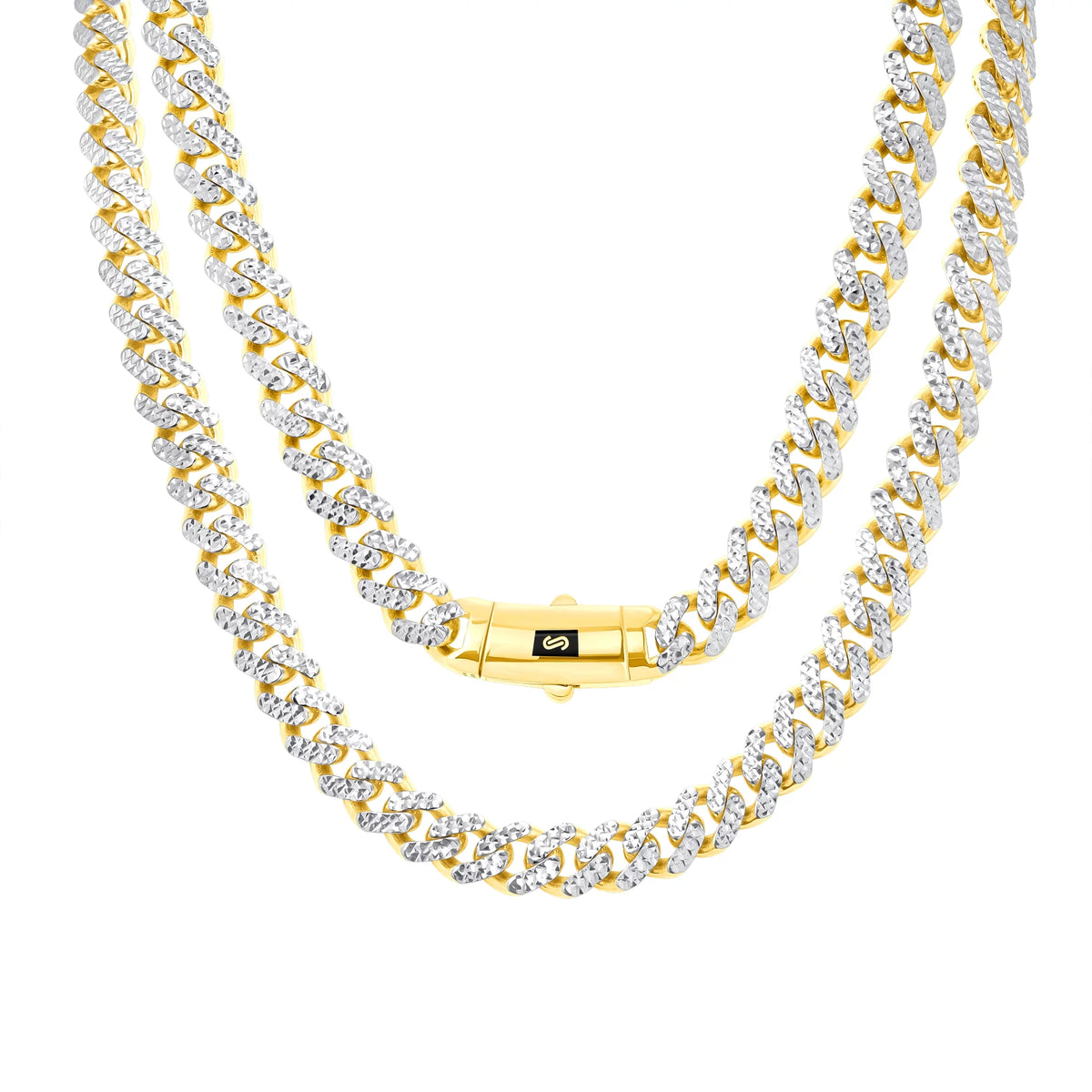 10K Real Yellow Gold Royal Monaco 7.5Mm Miami Cuban Diamond Cut Pave Link Necklace (18"-30") Two Tone Italian Jewelry for Men