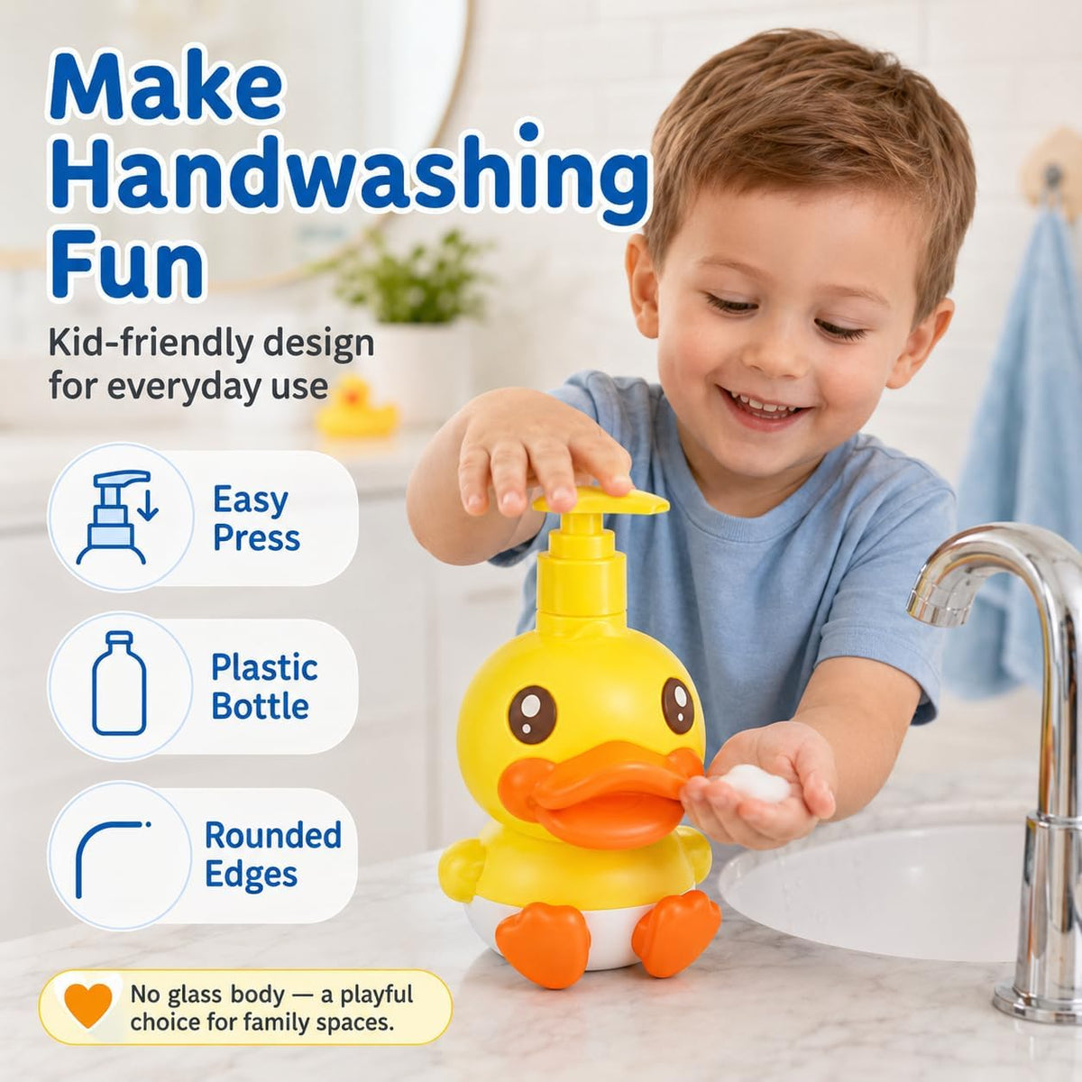Plastic Cute Duck Soap Dispenser for Kid or Children with Pump | Fun Dispenser for Bathroom Fit Lotion Shampoo Shower Hand Sanitizer, Animal Yellow Duck Themed Soap Bottle Bath Accessories