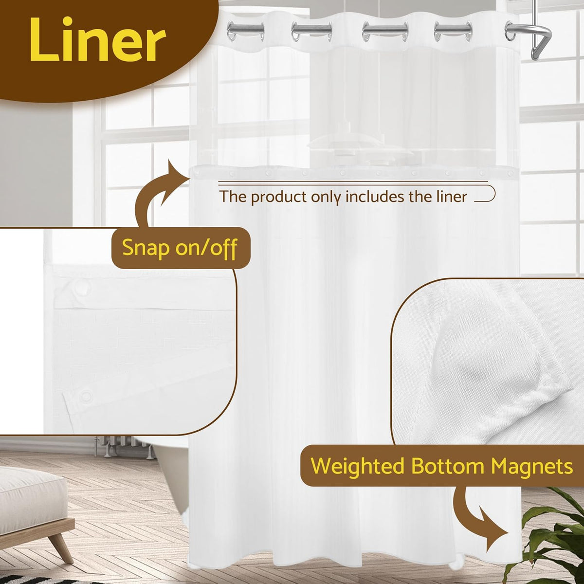 70X54 Snap-In Shower Curtain Replacement Liner White | 2 Bottom Magnets, Fabric, Removable, Water Repellent, Machine Washable, Hotel Style, 70" W X 54" H Inner Liner