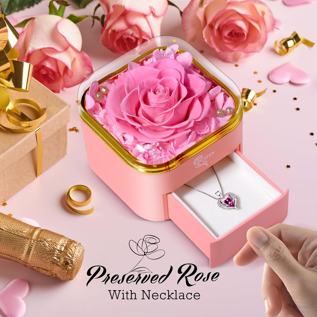 Pink Preserved Rose with Necklace, Heart Shaped Jewelry Box Set for Women | Surprise Her with a Beautiful Red Rose and Heart Charm Pendant, Comes with Pink Card and Gift Wrapping, for Anniversaries
