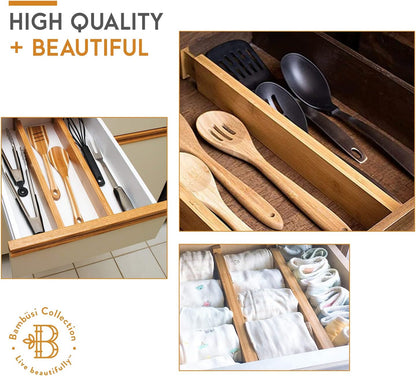 4-Pack Drawer Divider - 2.6" High, 16" to 22" Adjustable Bamboo Drawer Organizers for Clothes, Expandable Dresser Separators in Bedroom/Bathroom/Kitchen/Office Organization and Storage