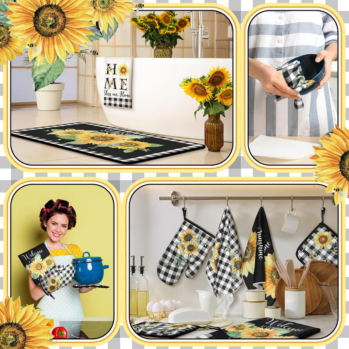 10 Pcs Sunflower Kitchen Decor Set Black Buffalo Plaid