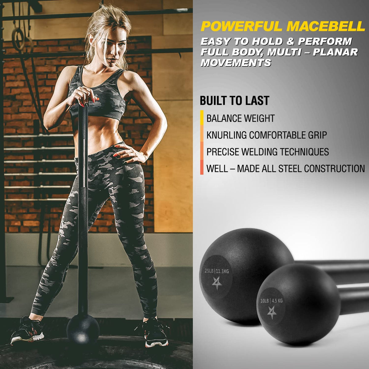 Steel Mace Bell for Strength Training, Support Full Body, Muscles, Shoulder, Grips & Forearms Workouts, Stretching 5, 7, 10, 15, 20, 25, 30 LB for Woman & Man