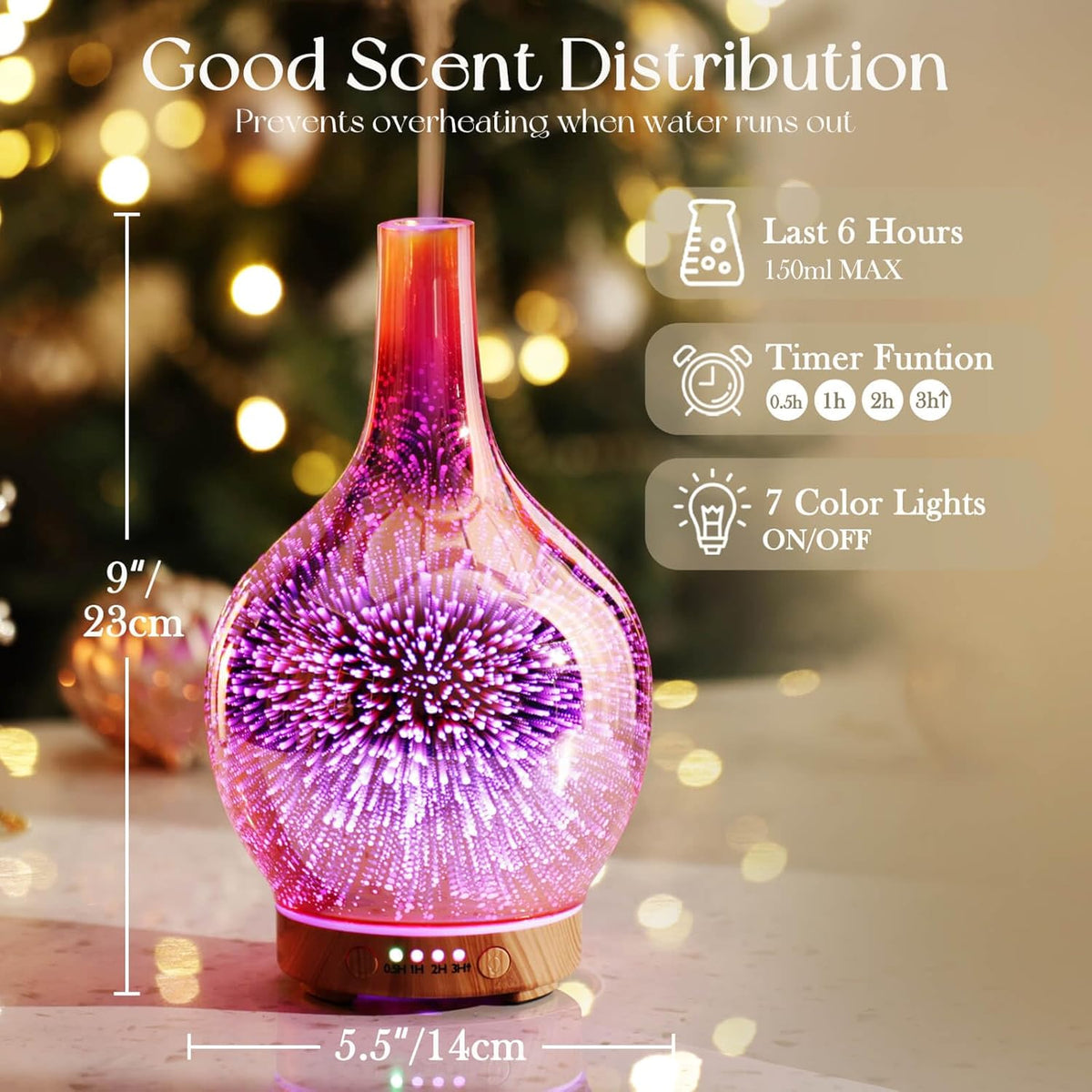 150Ml Handmade Essential Oil Diffuser 6H Runtime | Handmade Glass Aroma Diffuser, 7-Color LED Light, Quiet Operation, Auto Shut-Off, Aromatherapy for Home, Bedroom and Gifts