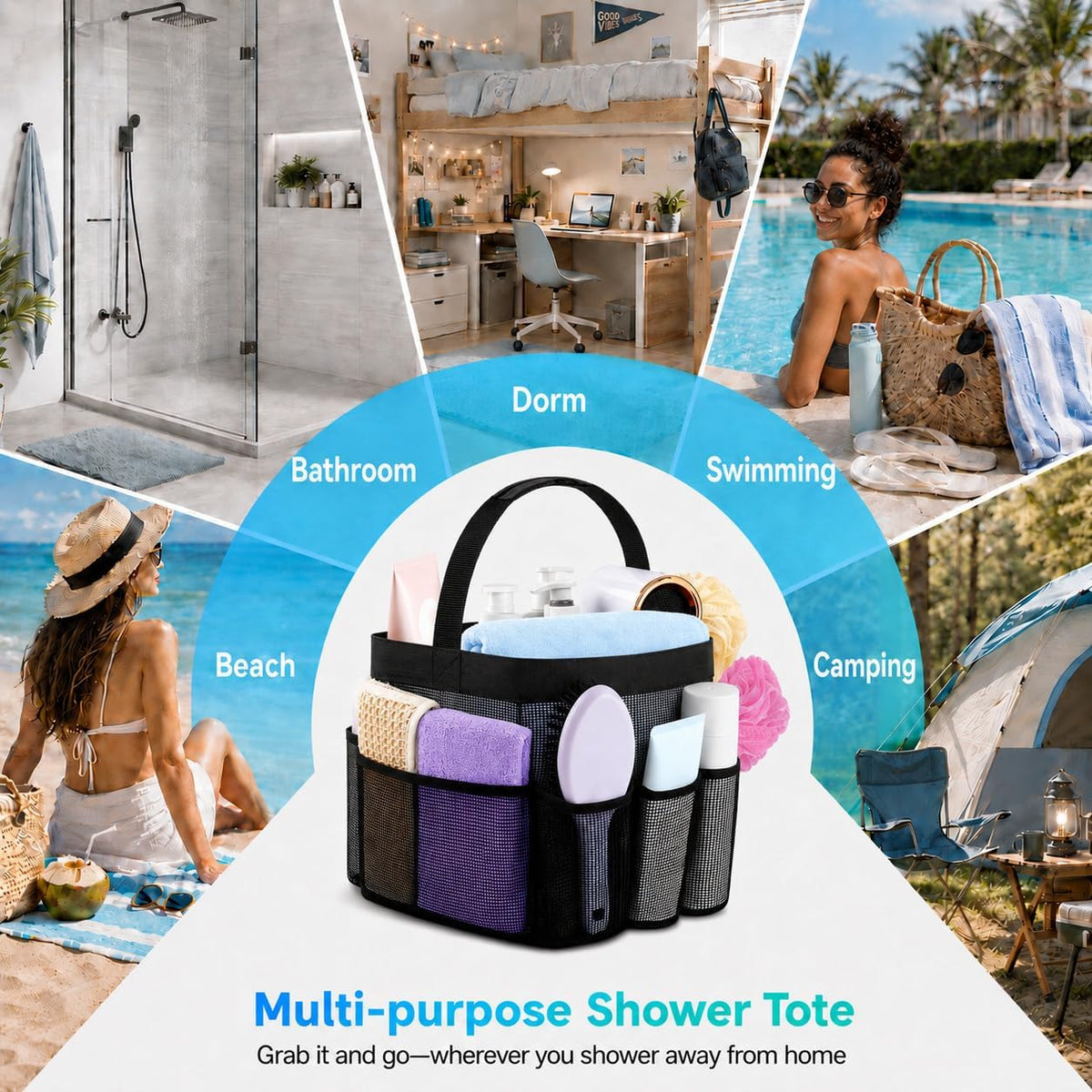 Mesh Shower Caddy Portable - 9 Pockets for College Dorm Room Essential | Large Capacity Mesh Shower Caddy with 9 Pockets, Portable Hanging Toiletry Bag for College Dorm, Gym, Camping and Beach