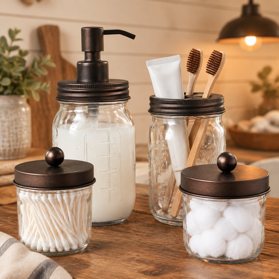Mason Jar Bathroom Accessories Set, 4Pcs Glass Bathroom Set,Bronze | Lotion Soap Dispenser, 2 Cotton Swab Holder, Toothbrush Holder, Farmhouse Rustic Bathroom Decor, Countertop Vanity Organizer