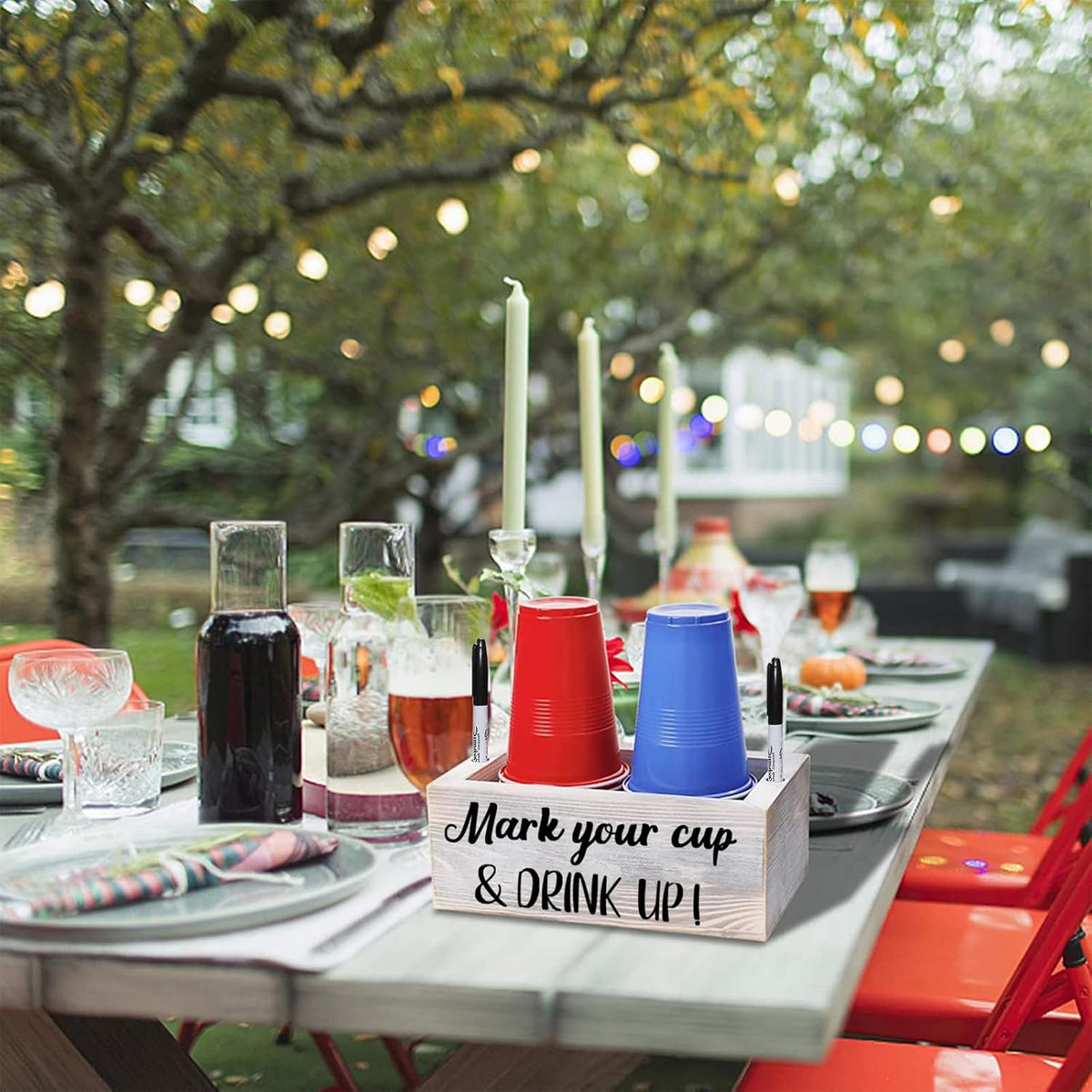 Wooden Cup Holder with Marker Slot, Mark Your Cup & Drink up Party Decor | Disposable Cup Organizer for Holiday Gatherings, Hosting Essential to Prevent Mix-Ups, Reduce Waste, 9.45X5.75X5.75 In