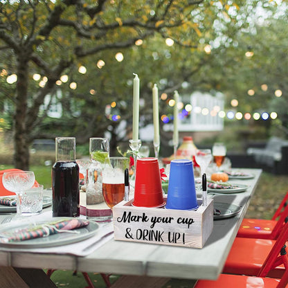 Wooden Cup Holder with Marker Slot, Mark Your Cup & Drink up Party Decor | Disposable Cup Organizer for Holiday Gatherings, Hosting Essential to Prevent Mix-Ups, Reduce Waste, 9.45X5.75X5.75 In