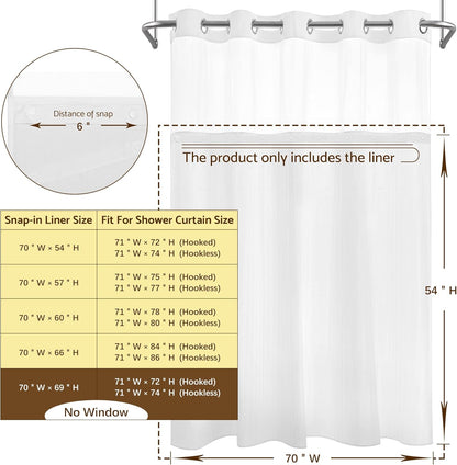 70X54 Snap-In Shower Curtain Replacement Liner White | 2 Bottom Magnets, Fabric, Removable, Water Repellent, Machine Washable, Hotel Style, 70" W X 54" H Inner Liner