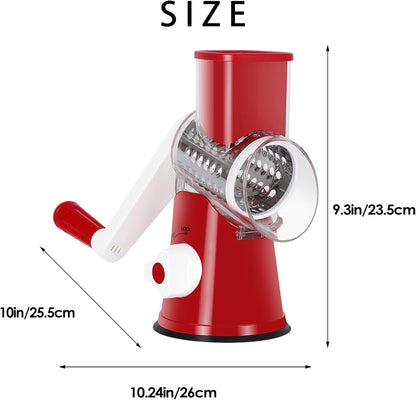 Rotary Cheese Grater Hand Crank, Kitchen Shredder Speed Mandolin Slicer Nut Grinder with Handle and Drum Blades for Cheese, Vegetable, Walnut, Chocolate, Potato, Carrot, 3 Blades, Red
