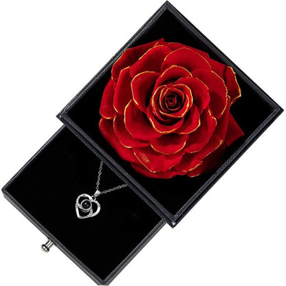 Preserved Real Rose Drawer with Heart Necklace I Love You in 100 Languages Gift Set, Handmade Enchanted Real Rose Flower for Valentine’S Day Anniversary Birthday Romantic Gifts for Her (Wine)