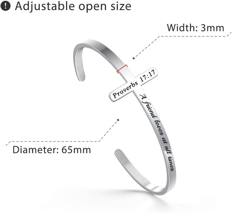 Silver Cross Bracelet, Christian Gifts for Women | Faith Inspiration Bible Verse Bracelets Cross Cuff Bangle Stainless Steel Bracelet Waterproof Non-Tarnish Adjustable