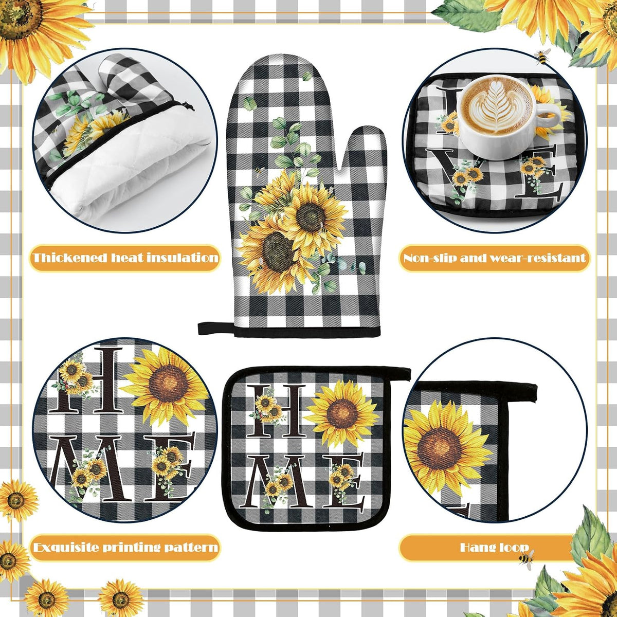 10 Pcs Sunflower Kitchen Decor Set Black Buffalo Plaid