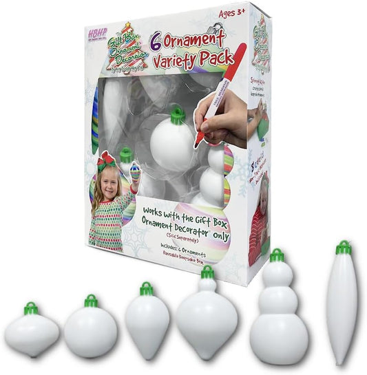 The Treemendous Gift Box Decorator 6-Count Variety Ornament Refill, Ages 3+ | 6 White Blanks in Assorted Shapes, Decorate & Personalize as DIY Christmas Keepsakes, Fits Gift Box Unit Only