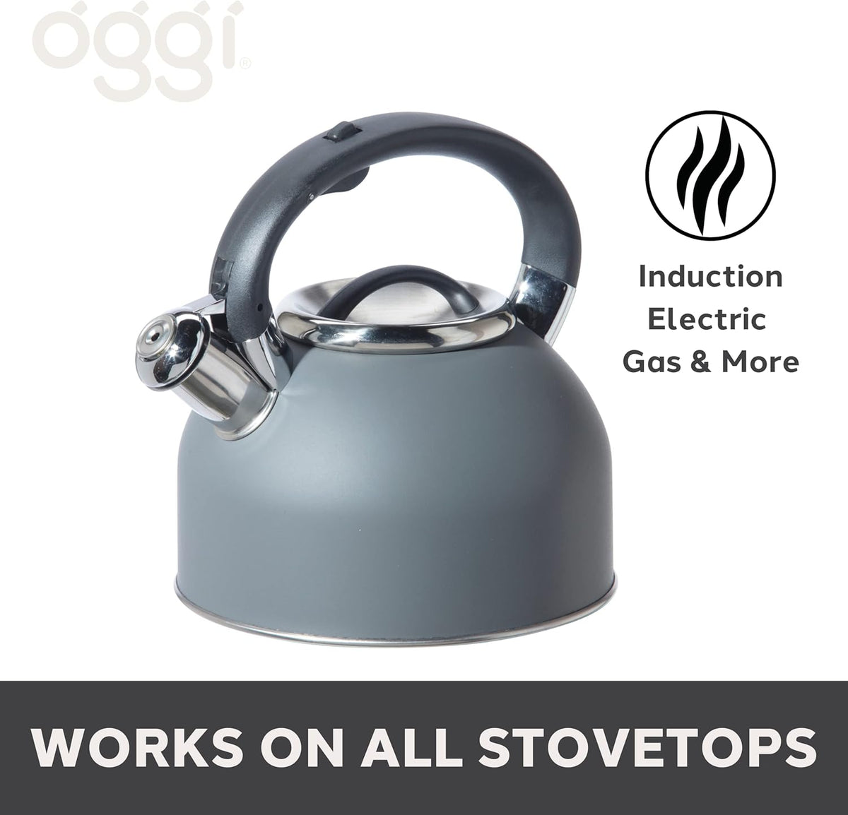 OGGI Tea Kettle for Stove Top - 64Oz / 1.9Lt, Stainless Steel with Loud Whistle, Ideal Hot Water Kettle and Water Boiler - Gray
