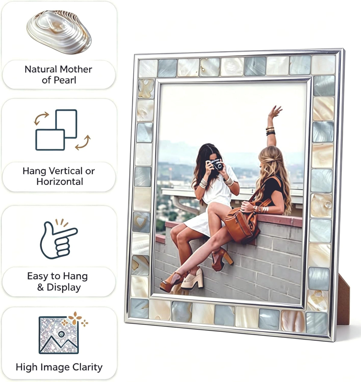 Mother of Pearl Picture Frame 6X8, Grey + White, 1Pc | Silver Plate Wall or Tabletop Frame, Wedding Photo Frame, Mosaic Glass Beach Frame, Holiday Gift